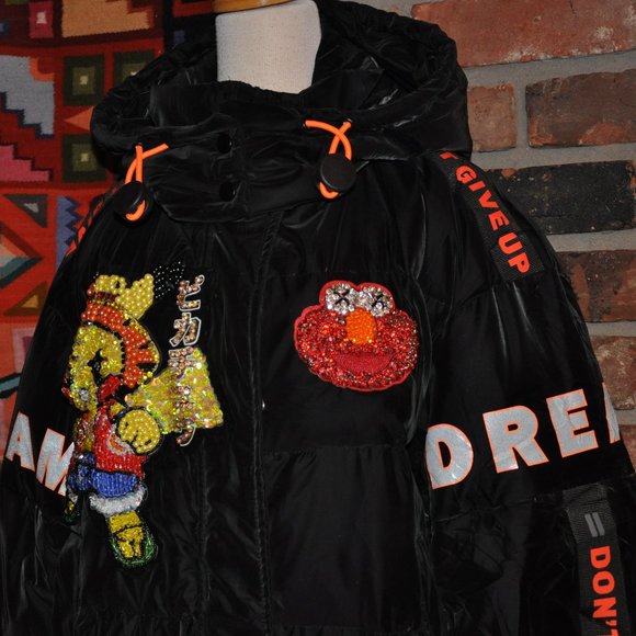 Black Silky Velvet Puffer Long Coat Sequin Pikachu Elmo DREAM "Don't Give Up" M - Picture 5 of 15